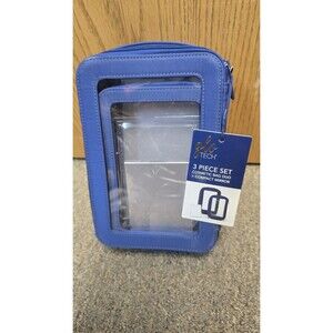 GloTech 3-Piece Navy Blue Cosmetic Travel Bag Set with Handle Compact Mirror New